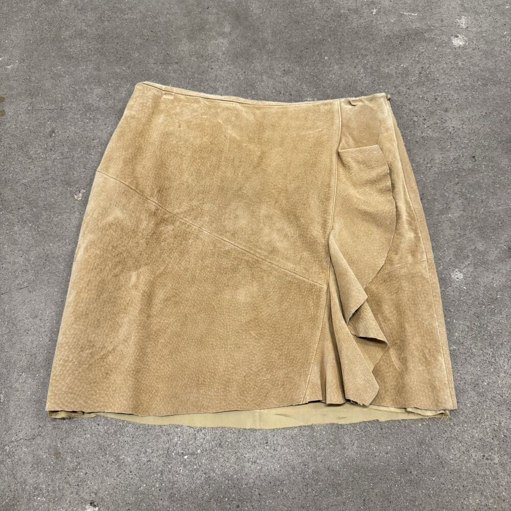 Vintage Moda International Tan Genuine Leather Suede Skirt w/ Ruffle Size 0